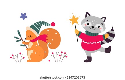 Cute Squirrel and Raccoon as New Year Character Wearing Hat and Sweater Vector Set