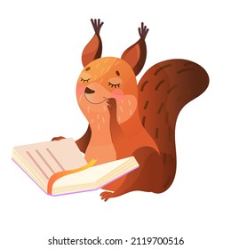 Cute squirrel reading book. Animals reading. Illustration for children. Cartoon cute animal.