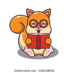 Cute squirrel reading a book cartoon vector illustration