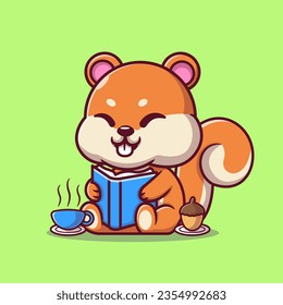 Libro de lectura de ardillas con imagen de vectores de café y nogal. Concepto de icono de educación animal Vector Premium aislado. Estilo de dibujo plano