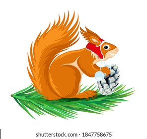 Cute squirrel in a red hat and with a pine cone on a spruce branch on a white background.