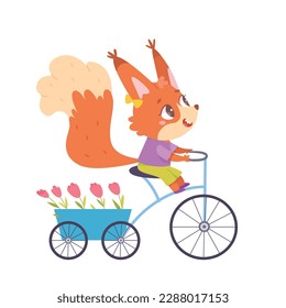 Cute squirrel riding bike with spring flowers vector illustration. Cartoon baby animal cyclist with fur tail carrying tulips on retro bicycle with wheels, fun ride and travel of wild forest character