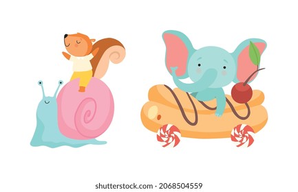 Cute Squirrel Riding on Snail Shell and Elephant in Sweet Pastry Car Vector Set