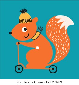 A cute squirrel riding a scooter. Vector illustration