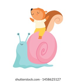 Cute Squirrel Riding Snail, Funny Adorable Animal in Transport Vector Illustration