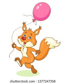 Cute squirrel runs skipping with a pink balloon in her hand. In cartoon style. Isolated on white background. Vector illustration.