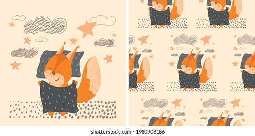Cute squirrel in a scandinavian style. Sleeping squirrel with a robe, clouds, stars in gentle colors. Hand-drawn vector illustration of an animal for nursery, children's textiles, posters, postcards.