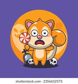Cute squirrel scared by ghost in halloween day. Cute halloween cartoon illustration. 