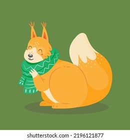 Cute squirrel with scarf in cartoon style. New Year and Christmas animal character. Vector isolated illustration.