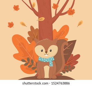 cute squirrel with scarf forest leaves hello autumn season design