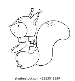 Cute squirrel with scarf. Funny outline childish illustration for coloring book