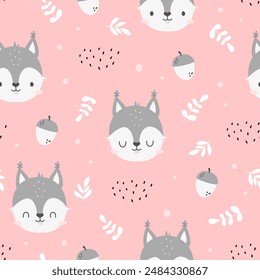 Cute squirrel seamless pattern, hand drawn element background. Vector illustration. Use for fabric, textile, wallpaper, wrapping, kids apparel design