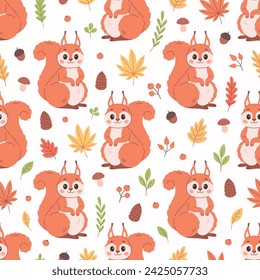 Cute squirrel seamless pattern. Print for textiles, wallpaper, wrapping paper. Woodland animal, fluffy rodent. Autumn leaves and plants. Vector illustration in flat style