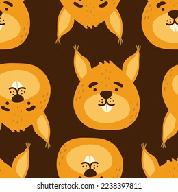 Cute squirrel seamless vector pattern. Fly agaric, cone, acorn, oak leaf, squirrel head, berries texture.