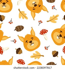 Cute squirrel seamless vector pattern. Fly agaric, cone, acorn, oak leaf, squirrel head, berries texture.