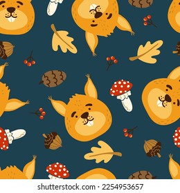 Cute squirrel seamless vector pattern. Fly agaric, cone, acorn, oak leaf, squirrel head, berries texture.