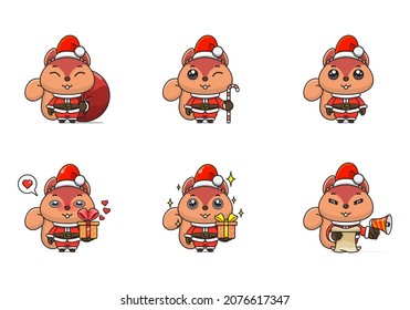 cute squirrel set, animal character bundles in santa costumes, animals wearing christmas costumes. cartoon in kawaii style, chibi mascot. very suitable for Christmas content. for adult or child