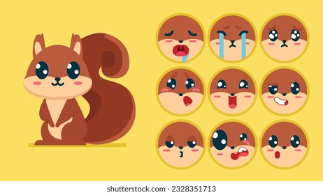 Ardilla suave, conjunto de emociones animales, ardilla pequeña con coloración emoticono, durmiendo, llorando, triste, aburrida, feliz, emocionada, adorable, sorprendida, descuidada, segura, aterrada, aturdida, Vector Flat