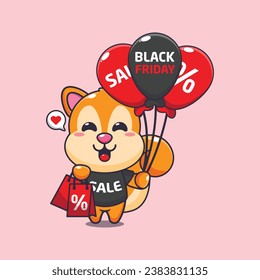 cute squirrel with shopping bag and balloon at black friday sale cartoon vector illustration