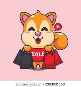 cute squirrel with shopping bag in black friday sale cartoon vector illustration