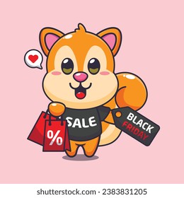 cute squirrel with shopping bag and black friday sale discount cartoon vector illustration