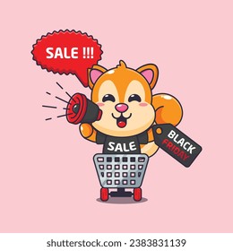 cute squirrel in shopping cart is promoting black friday sale with megaphone cartoon vector illustration