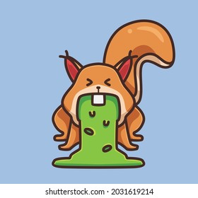 cute squirrel sick puke vomit. cartoon animal nature concept Isolated illustration. Flat Style suitable for Sticker Icon Design Premium Logo vector. Mascot Character
