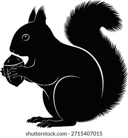 Cute squirrel silhouette vector illustration holding nut for forest nature themes and children book animal characters.