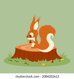 Cute squirrel sits on a tree stump and holds an acorn, cartoon image, vector illustration.