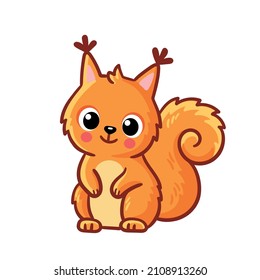 Cute squirrel sits on a white background. Vector illustration with baby squirrel in cartoon style.