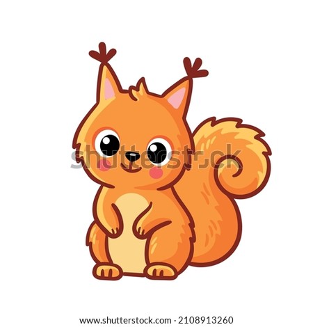 Cute squirrel sits on a white background. Vector illustration with baby squirrel in cartoon style.