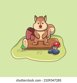 Cute squirrel sitting in the log with 2 acorn, mushroom and rock on the fall season cartoon illustration