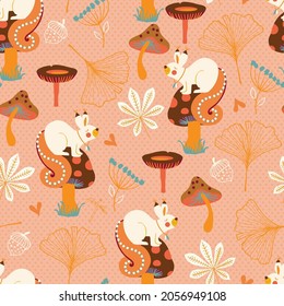 Cute Squirrel Sitting on Mushrooms Autumn Vector Seamless Pattern