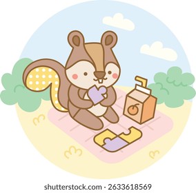 Cute squirrel sitting on a pink picnic mat and putting puzzle pieces together with juice nearby in a relaxing summer learning activity