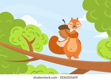 Cute Squirrel Sitting on Three Branch with Acorn, Adorable Wild Animal Character on Summer Landscape Vector Illustration