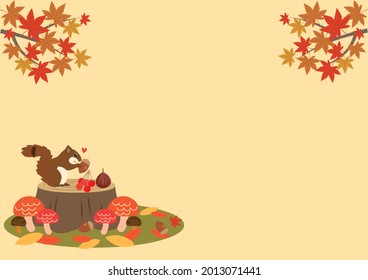 Cute Squirrel Sitting on a Tree Stump, Mushrooms, Acorn,  Autumn Leaves Background