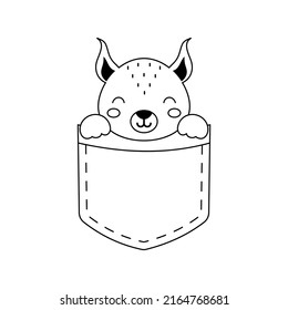 Cute squirrel sitting in pocket. Animal face in Scandinavian style for kids t-shirts, wear, nursery decoration, greeting cards, invitations, poster, house interior. Vector stock illustration