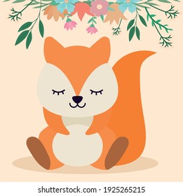 cute squirrel sitting under the flowers vector illustration design
