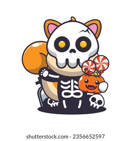 Cute squirrel with skeleton costume holding halloween pumpkin. Cute halloween cartoon illustration. 