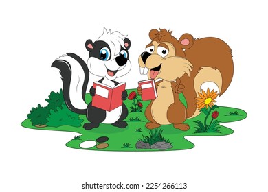 cute squirrel and skunk cartoon illustration