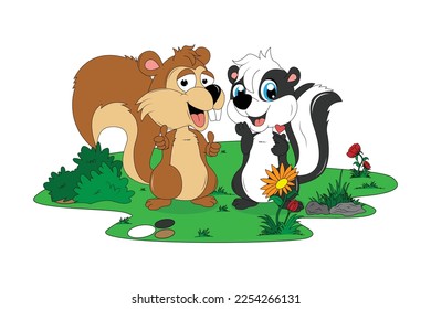 cute squirrel and skunk cartoon illustration