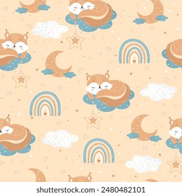 A cute squirrel sleeping on the clouds among the stars. Baby seamless pattern for posters, fabric prints and postcards. Vector