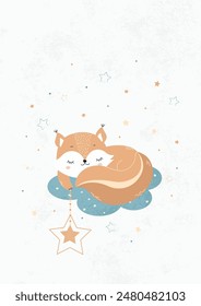 A cute squirrel sleeping on the clouds among the stars. Baby for posters, fabric prints and postcards. Vector