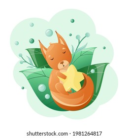 A cute squirrel sleeps in the green leaves hugging a yellow star. Children's illustration of forest animals.