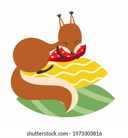 Cute squirrel sleeps on  pillow. Vector illustration for  poster in    nursery. Drawing for children.