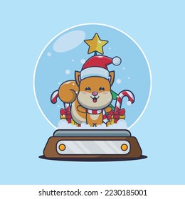 Cute squirrel  in snow globe. Cute christmas cartoon illustration.