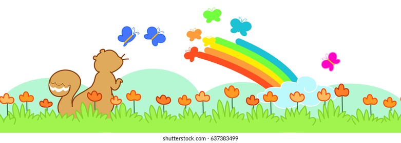 Cute squirrel in spring with rainbow, flowers and butterflies. Vector seamless illustration.