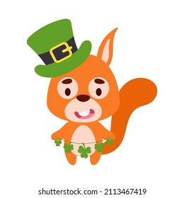 Cute squirrel in St. Patrick's Day leprechaun hat holds shamrocks. Irish holiday folklore theme. Cartoon design for cards, decor, shirt, invitation. Vector stock illustration.