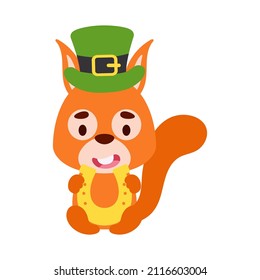 Cute squirrel St. Patrick's Day leprechaun hat holds horseshoe. Irish holiday folklore theme. Cartoon design for cards, decor, shirt, invitation. Vector stock illustration.