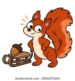 Cute squirrel standing beside a tiny sled with acorns.
